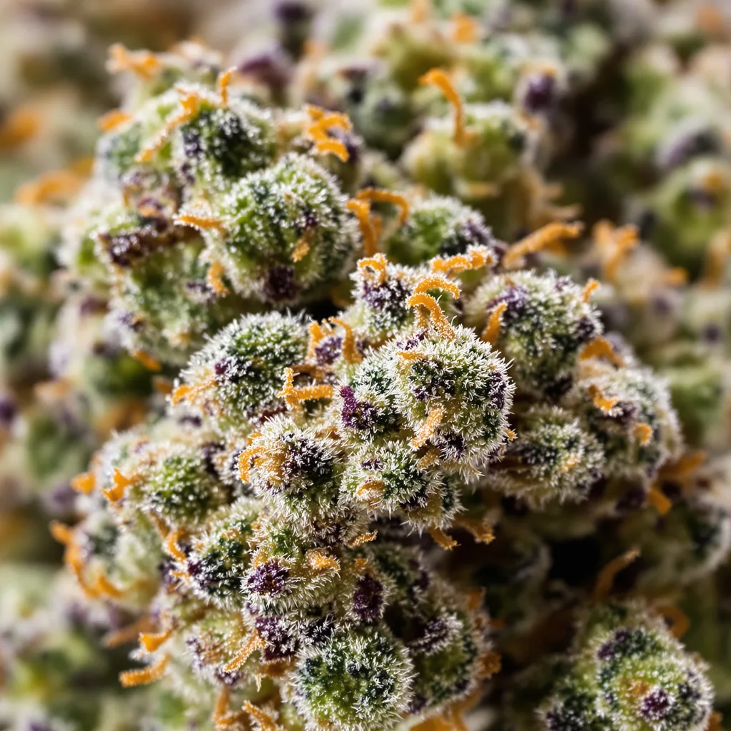 Gros plan de fleur de cannabis Future montrant structure équilibrée avec trichomes givrés