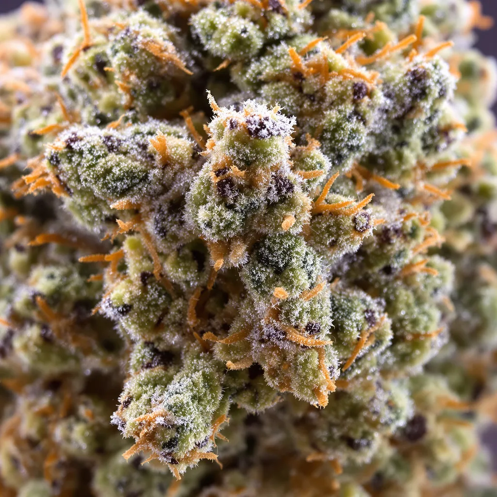 Gros plan de fleur de cannabis G.O.A.T Mixpack montrant structure équilibrée avec trichomes givrés