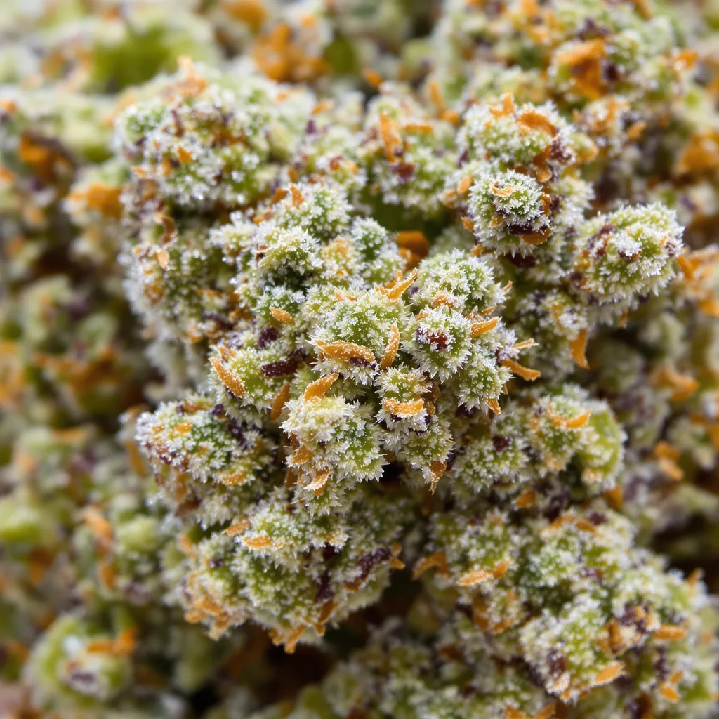 Gros plan de fleur de cannabis Game Changer montrant nugs denses vert forêt