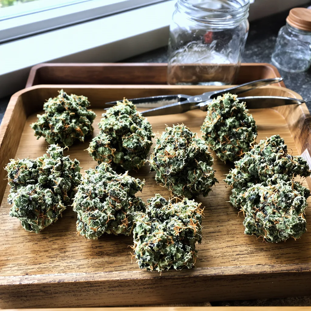 Garlic Bud 45% indica / 55% sativa — fleur avec trichomes visibles