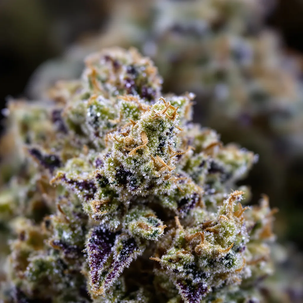 Gros plan de fleur de cannabis Garlic Bud montrant structure équilibrée avec trichomes givrés