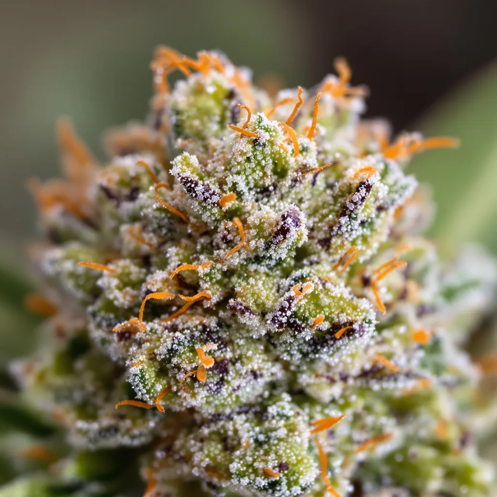 Gros plan de fleur de cannabis Gatekeeper OG montrant structure équilibrée avec trichomes givrés