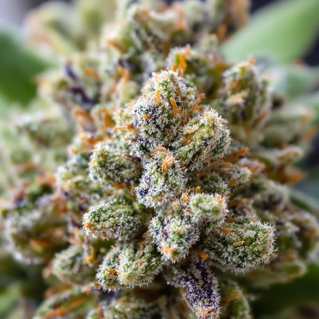 Gros plan de fleur de cannabis Gatekeeper OG montrant structure équilibrée avec trichomes givrés