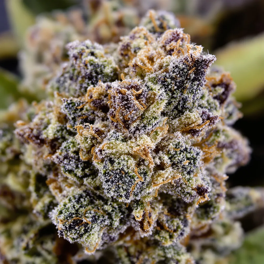 Gros plan de fleur de cannabis Gator Breath montrant calices denses aux reflets violets