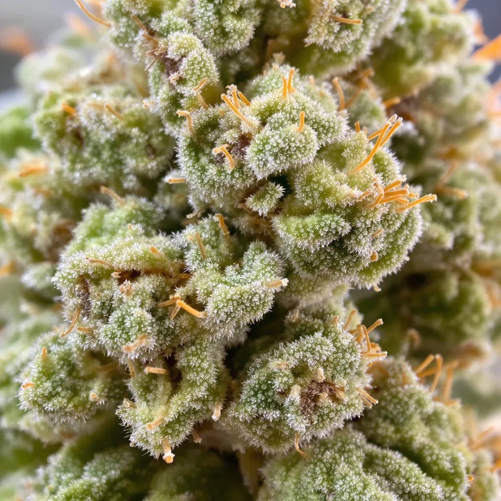 Gros plan de fleur de cannabis Gelato Cake montrant structure aérée vert lime