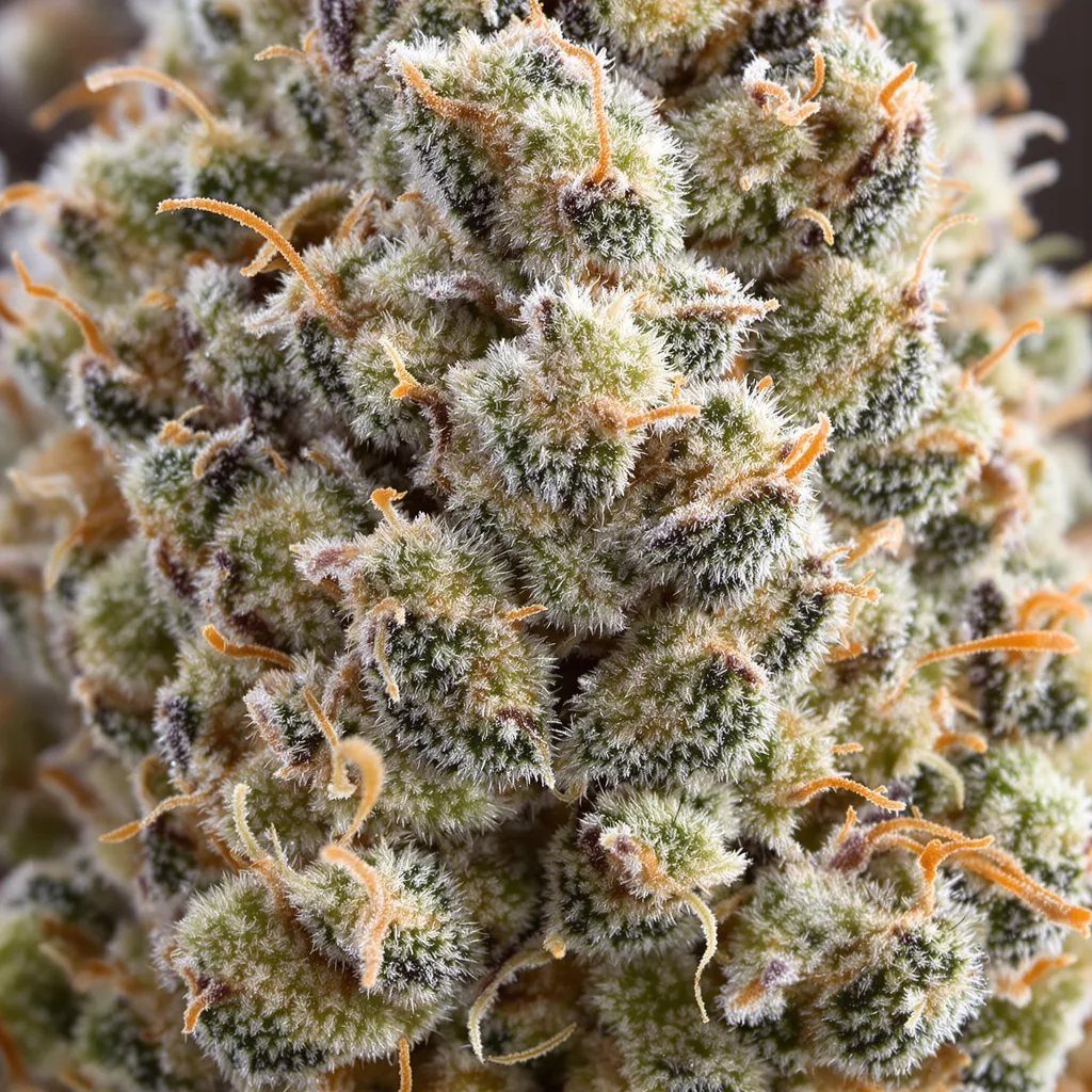 Gros plan de fleur de cannabis Gelato montrant structure ouverte avec pistils orangés