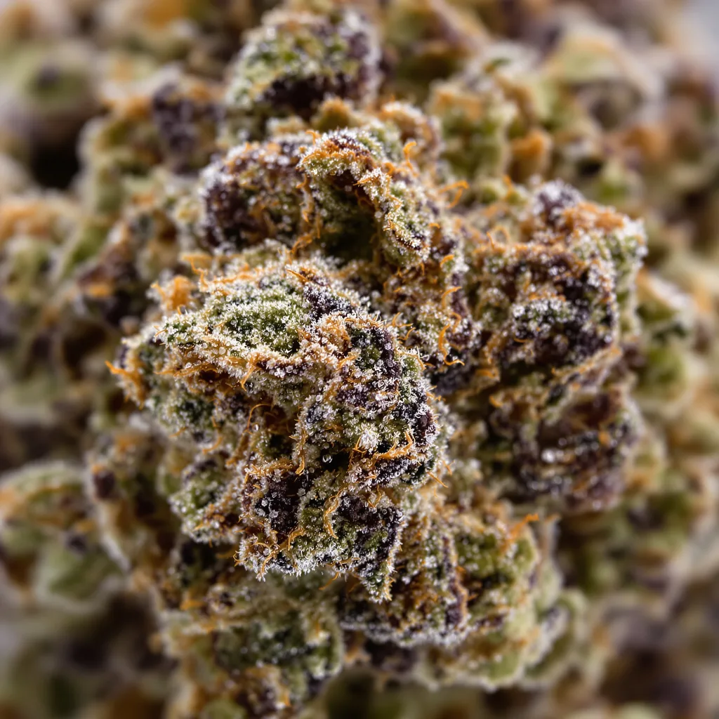 Gros plan de fleur de cannabis Ghost OG montrant calices denses aux reflets violets