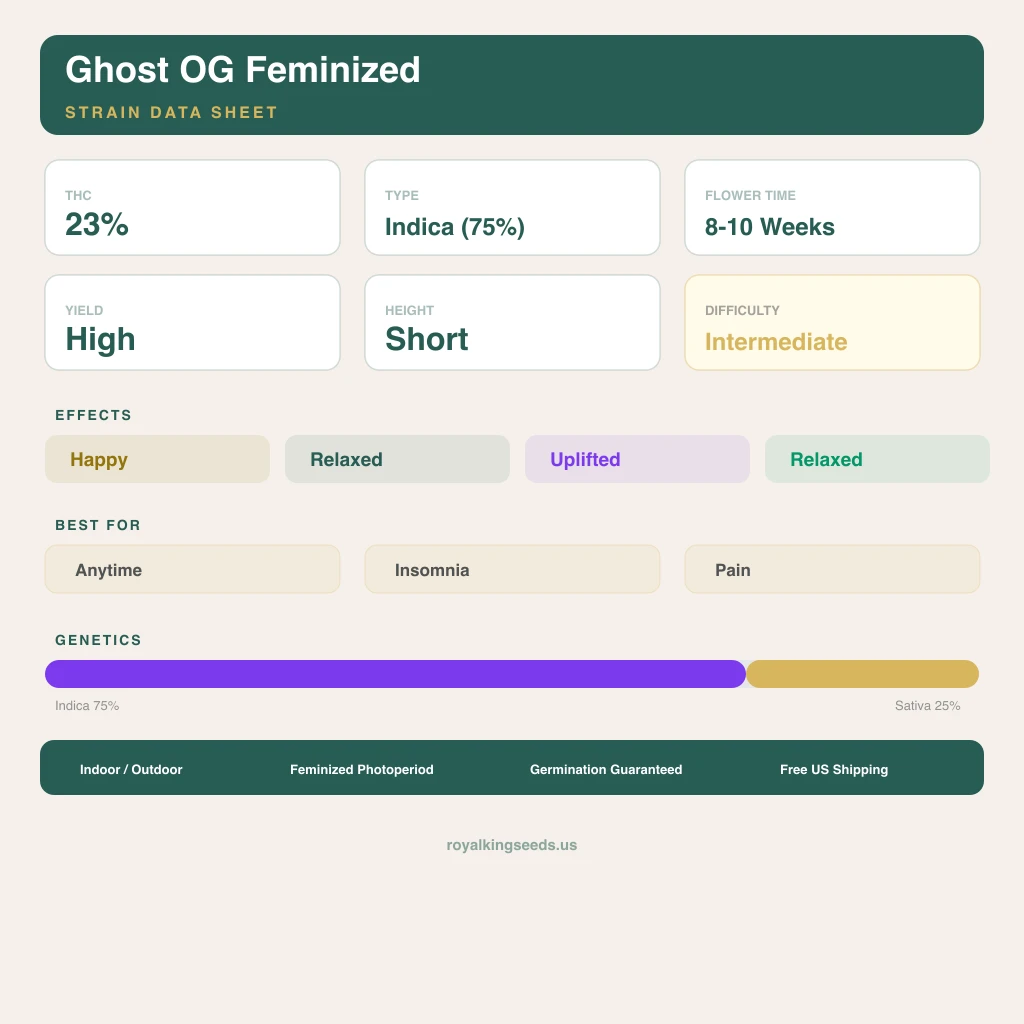 Ghost OG 75% indica / 25% sativa — fleur avec trichomes visibles