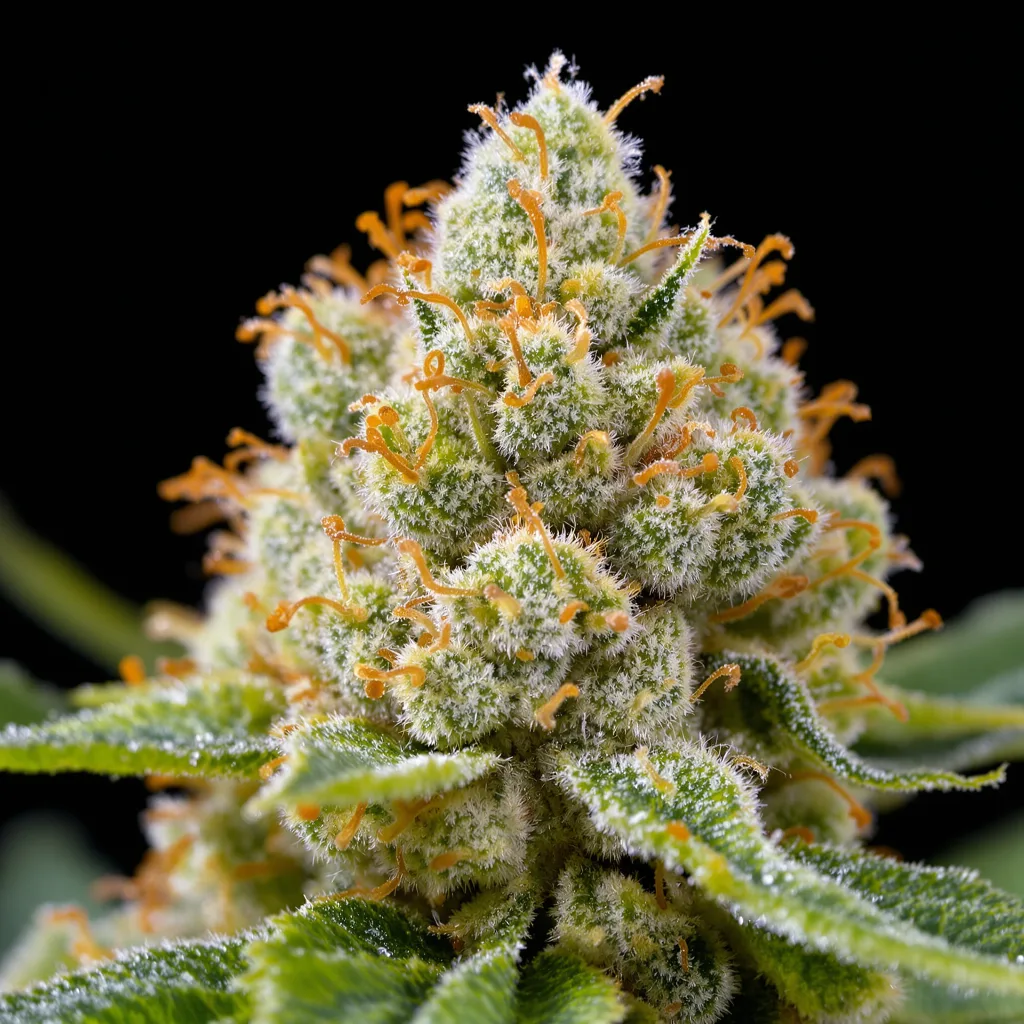 Gros plan de fleur de cannabis Ghost Train Haze montrant structure aérée vert lime
