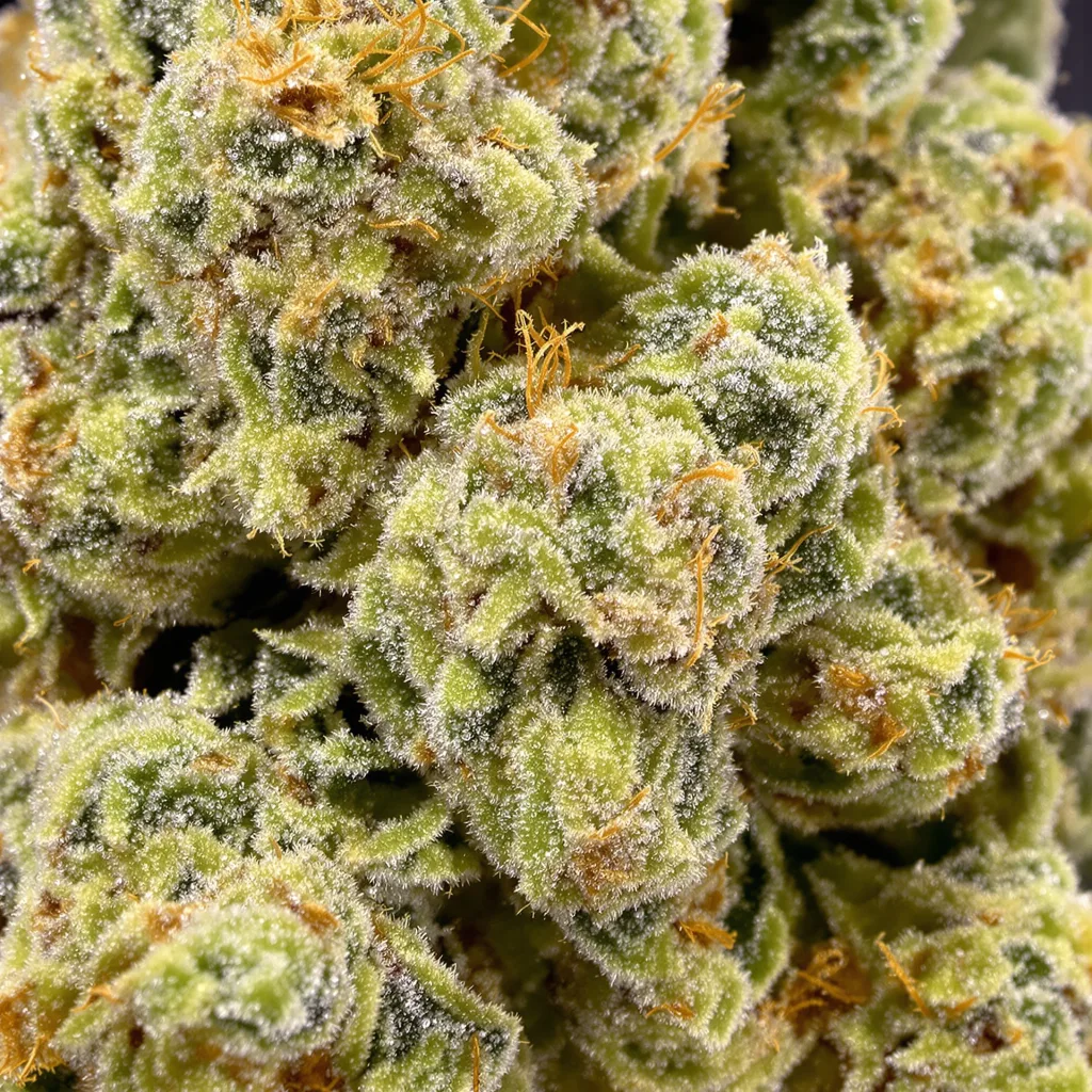 Gros plan de fleur de cannabis Ghost Train Haze montrant structure aérée vert lime