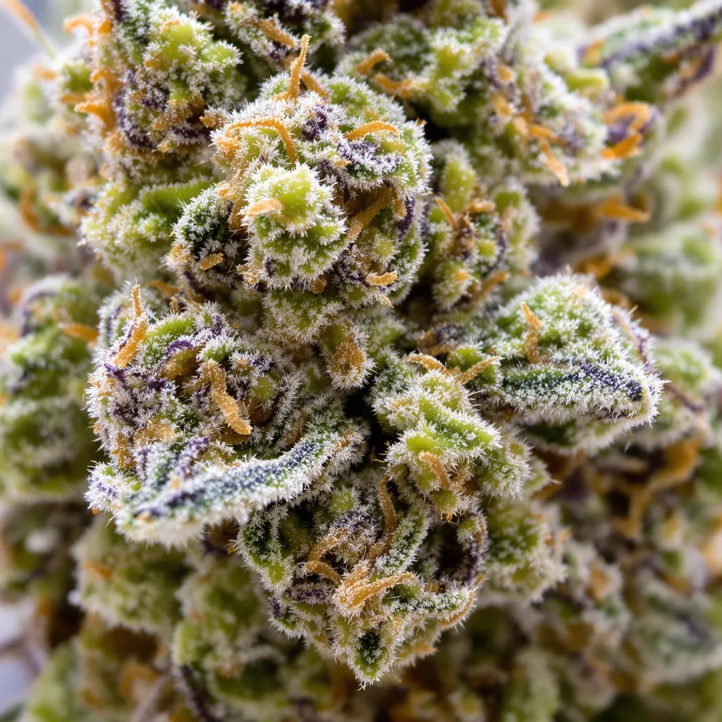 Gros plan de fleur de cannabis Gigabud montrant structure ouverte avec pistils orangés