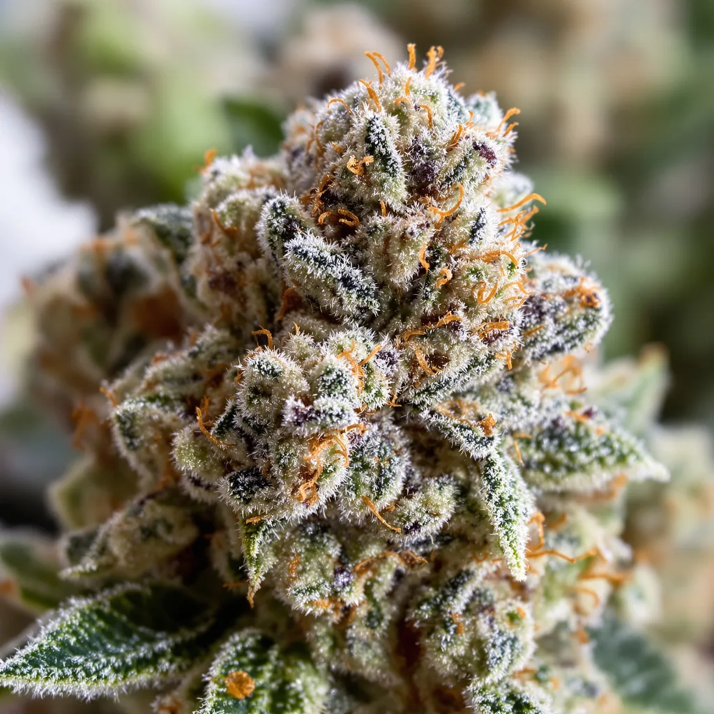 Gros plan de fleur de cannabis Girl Scout Cookies montrant structure ouverte avec pistils orangés