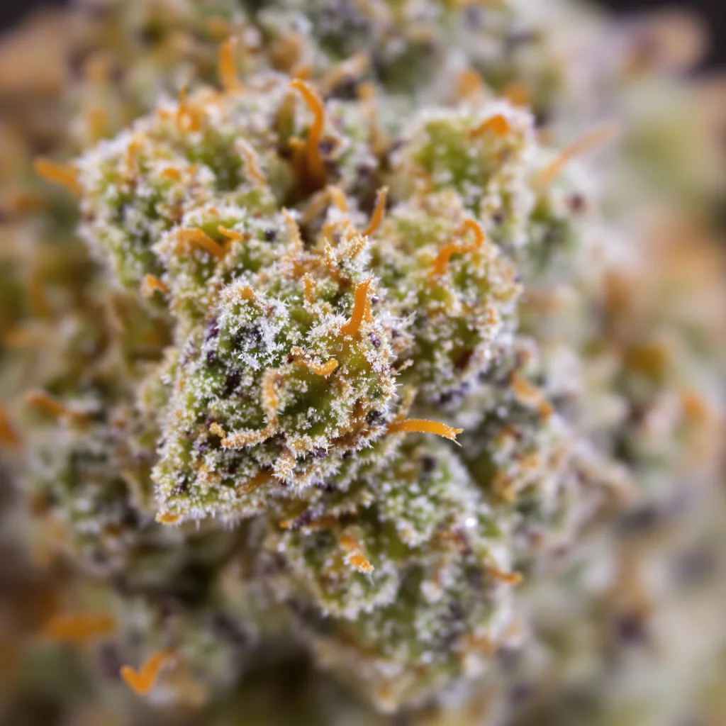 Gros plan de fleur de cannabis Glass Apple montrant structure équilibrée avec trichomes givrés