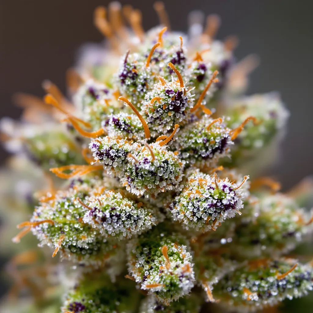 Gros plan de fleur de cannabis Glass Slipper montrant structure ouverte avec pistils orangés