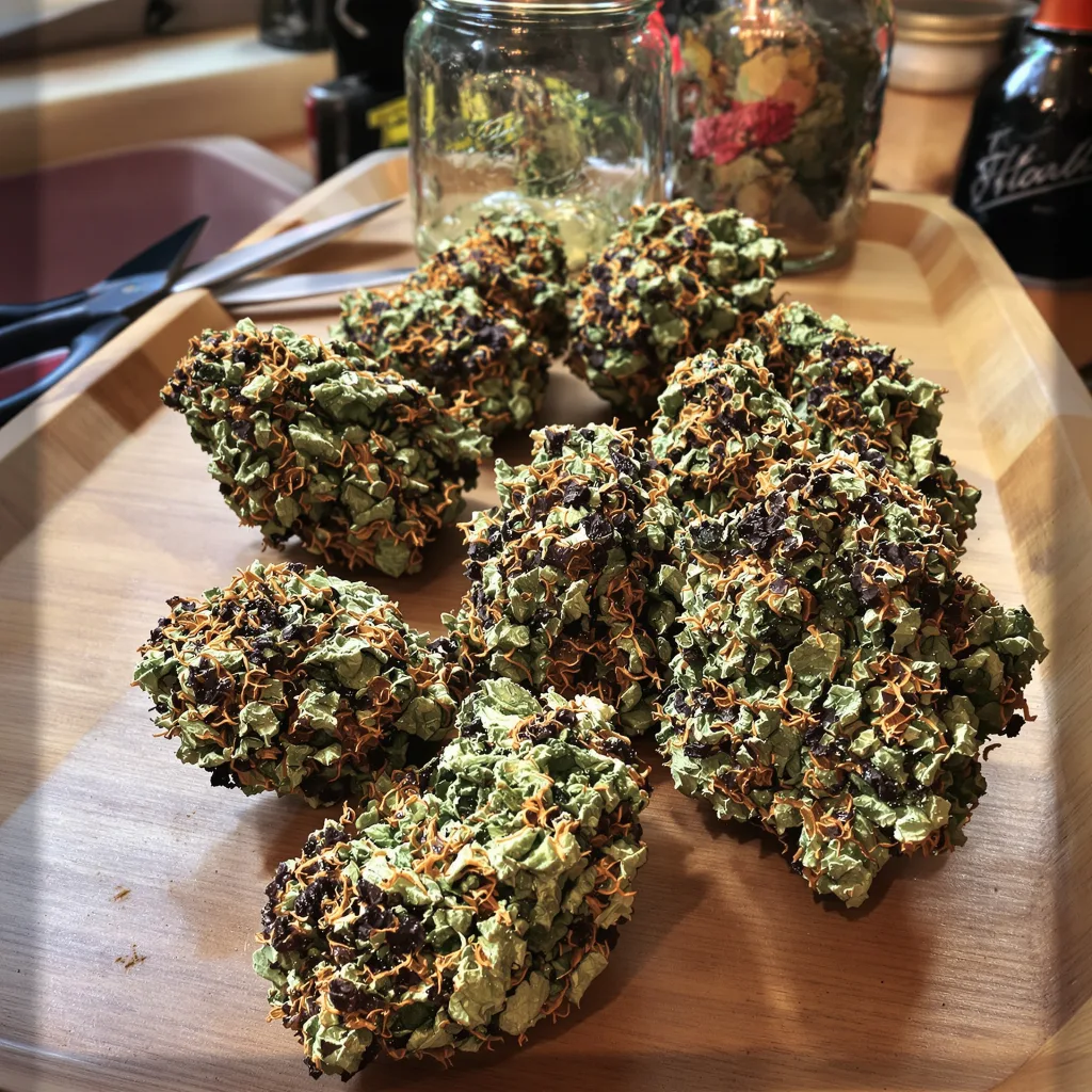 GMO Cookies 80% indica / 20% sativa — fleur avec trichomes visibles