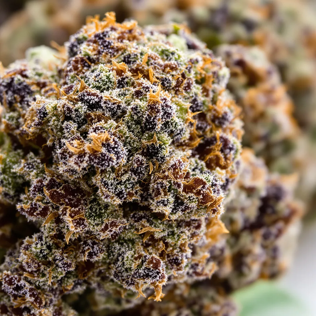 Gros plan de fleur de cannabis GMO Cookies montrant calices denses aux reflets violets