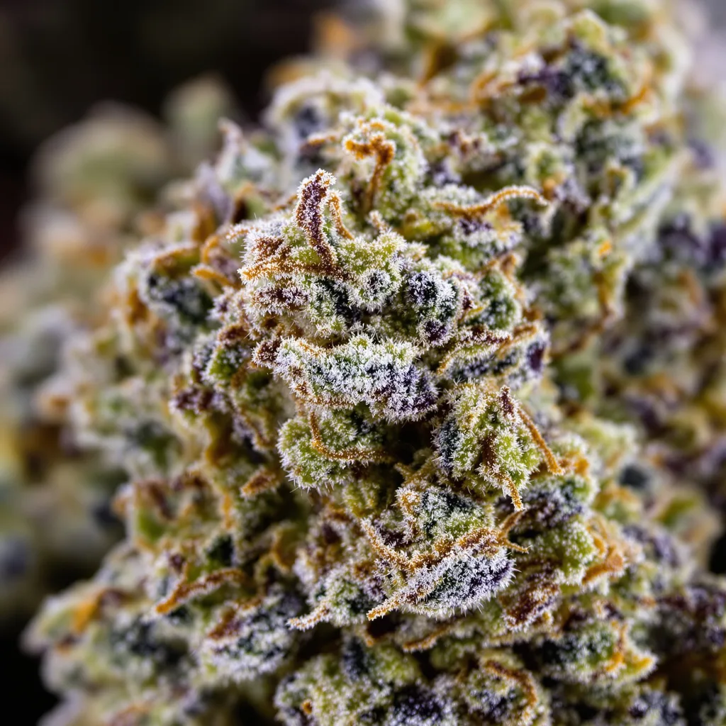 Gros plan de fleur de cannabis Go Time montrant structure équilibrée avec trichomes givrés