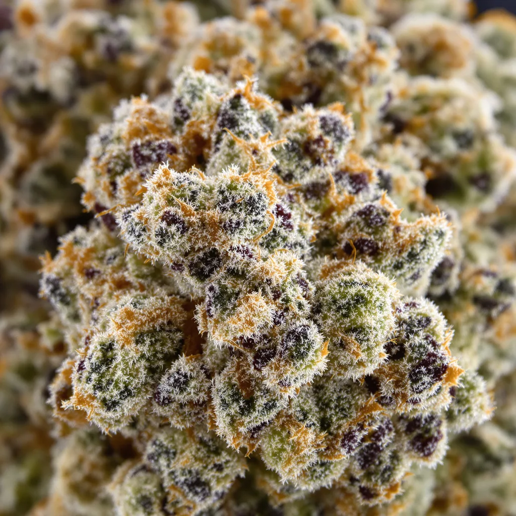 Gros plan de fleur de cannabis Goat Milk montrant structure ouverte avec pistils orangés
