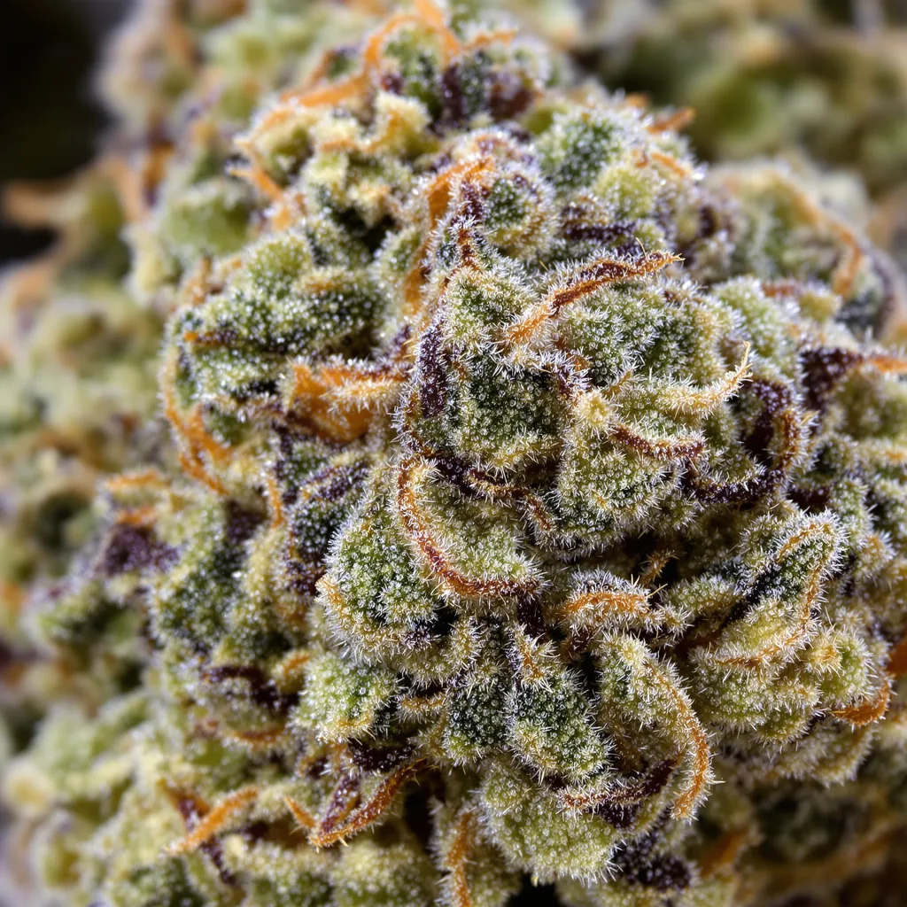 Gros plan de fleur de cannabis G.O.A.T Pack montrant structure équilibrée avec trichomes givrés
