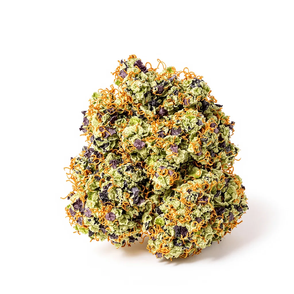 Goatlato 65% indica / 35% sativa — fleur avec trichomes visibles