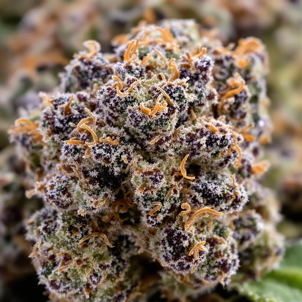 Gros plan de fleur de cannabis Goatlato montrant calices denses aux reflets violets