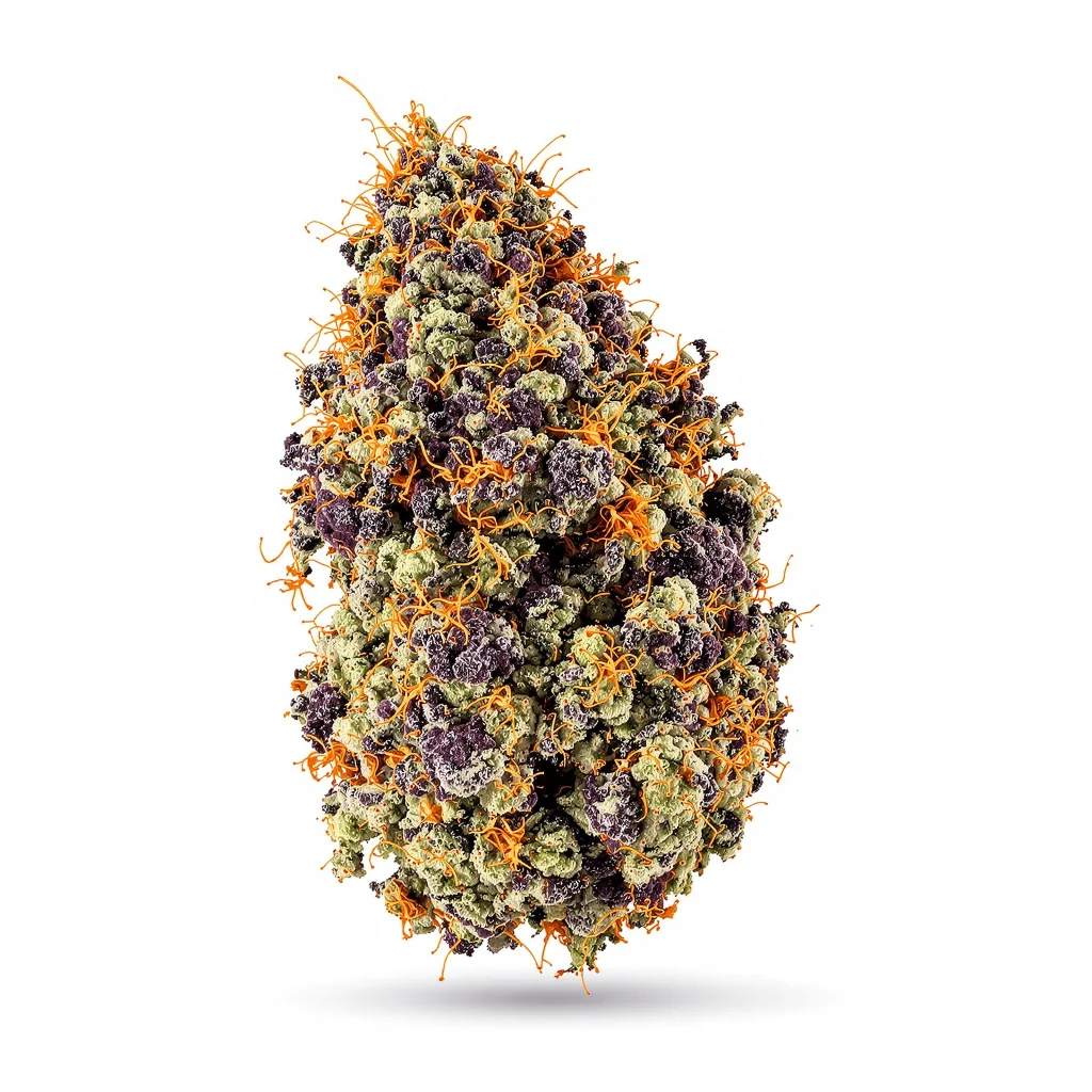 Goatlato 65% indica / 35% sativa — fleur avec trichomes visibles