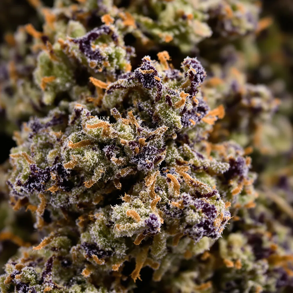 Gros plan de fleur de cannabis Gobbilygoo montrant calices denses aux reflets violets