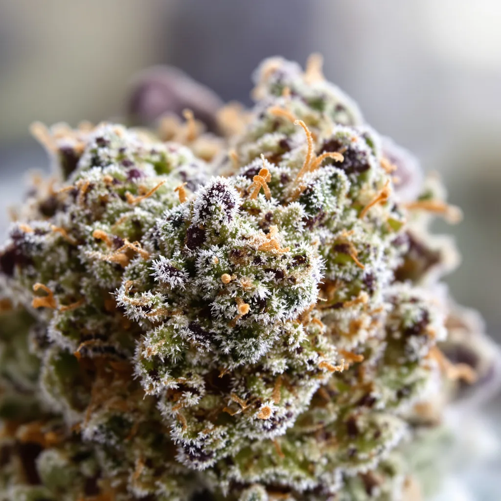 Gros plan de fleur de cannabis God Bud montrant structure équilibrée avec trichomes givrés