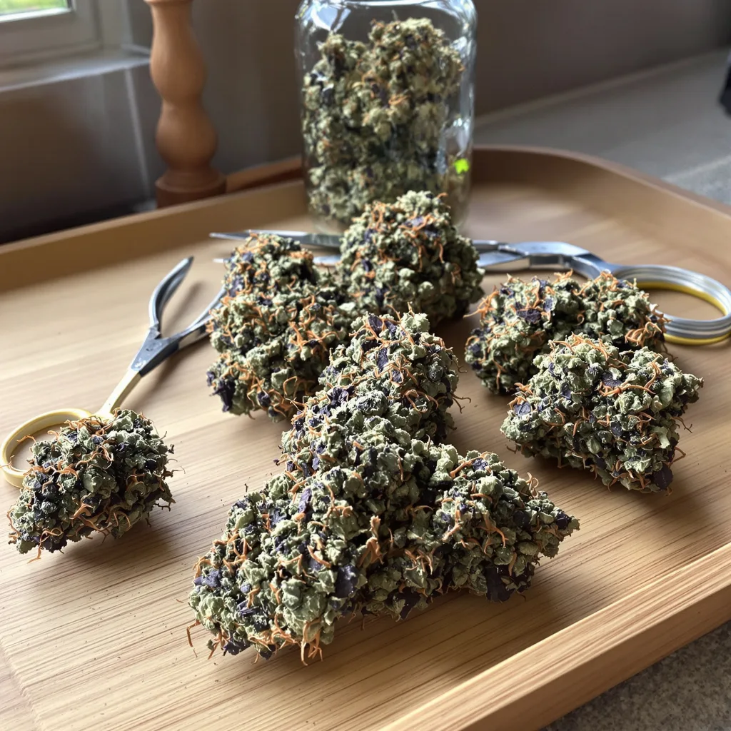 God's Gift 90% indica / 10% sativa — fleur avec trichomes visibles