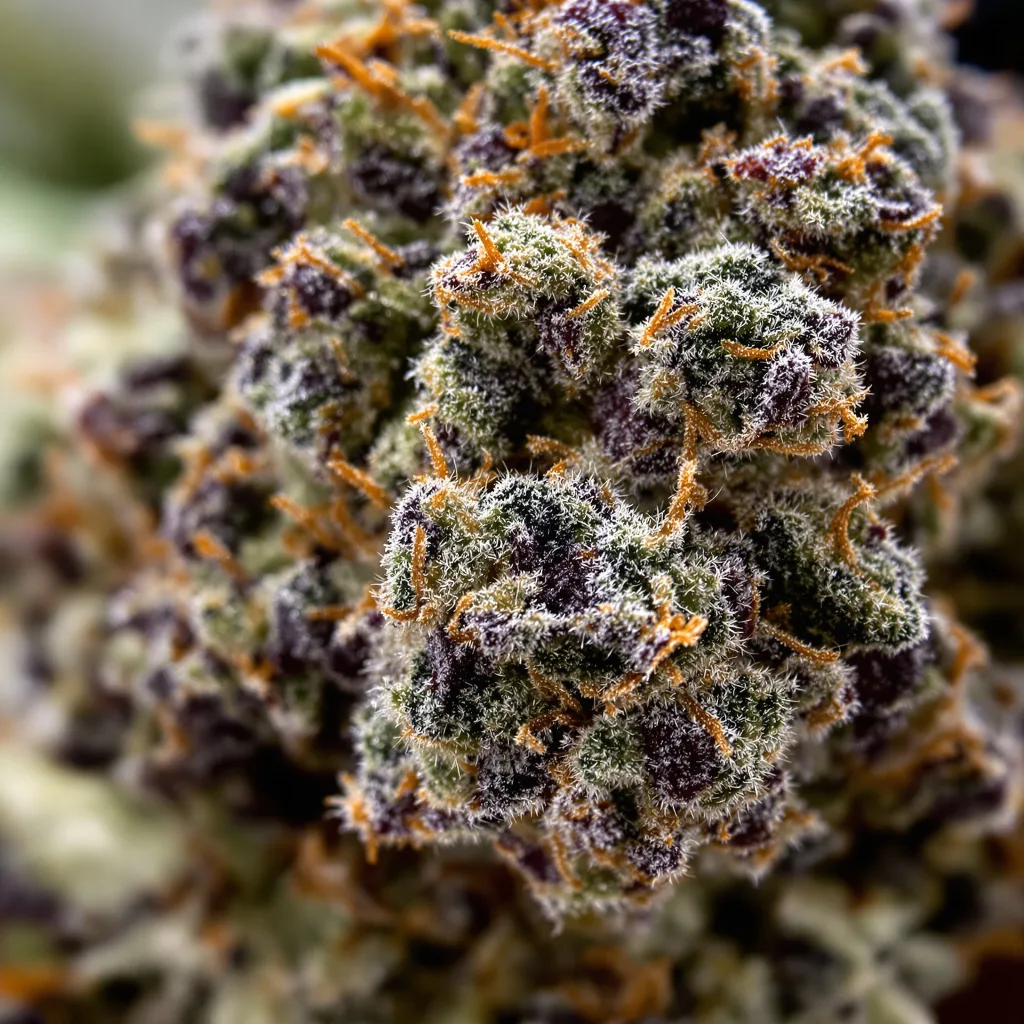 Gros plan de fleur de cannabis God's Gift montrant calices denses aux reflets violets