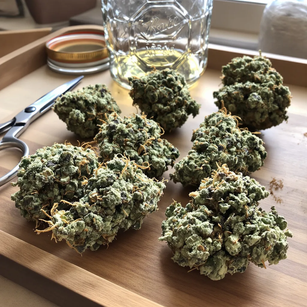 God's Green Crack 50% indica / 40% sativa — fleur avec trichomes visibles