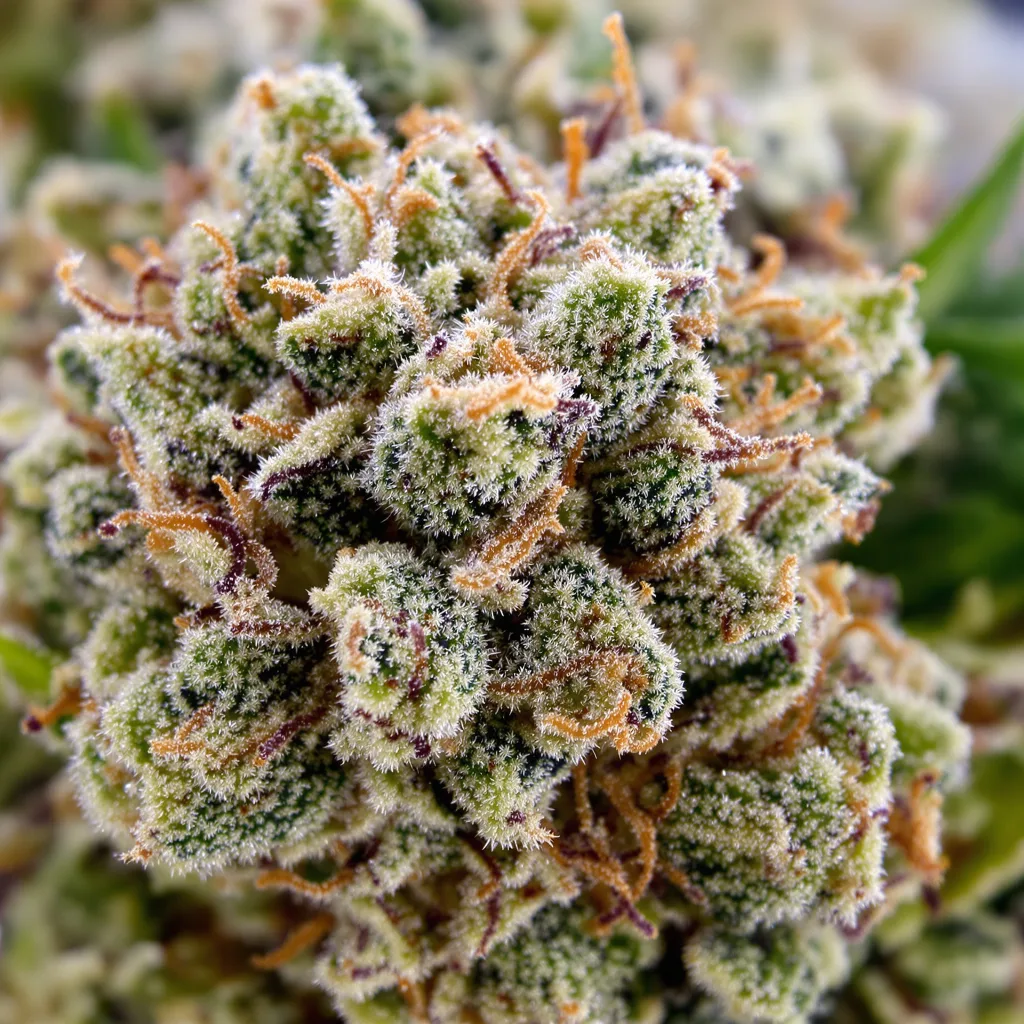 Gros plan de fleur de cannabis God's Green Crack montrant structure équilibrée avec trichomes givrés