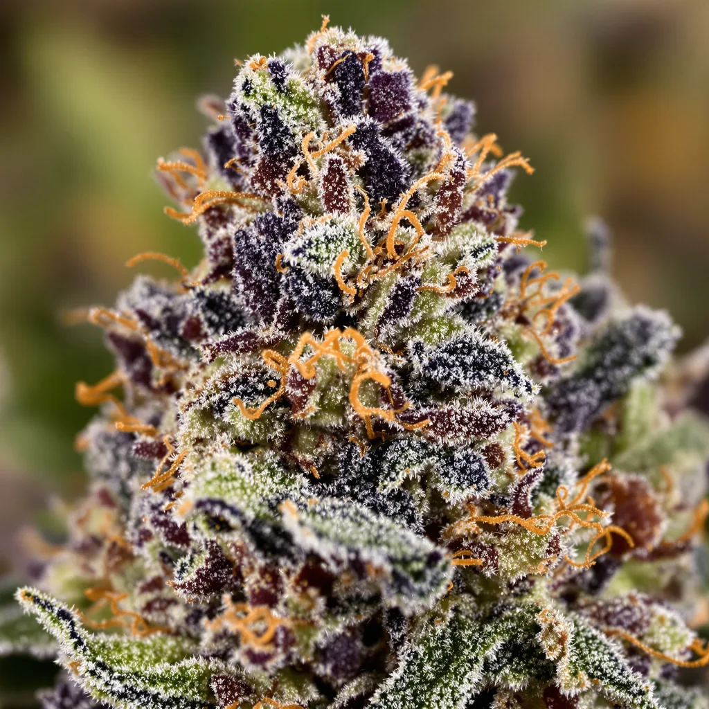 Gros plan de fleur de cannabis God's Treat montrant calices denses aux reflets violets