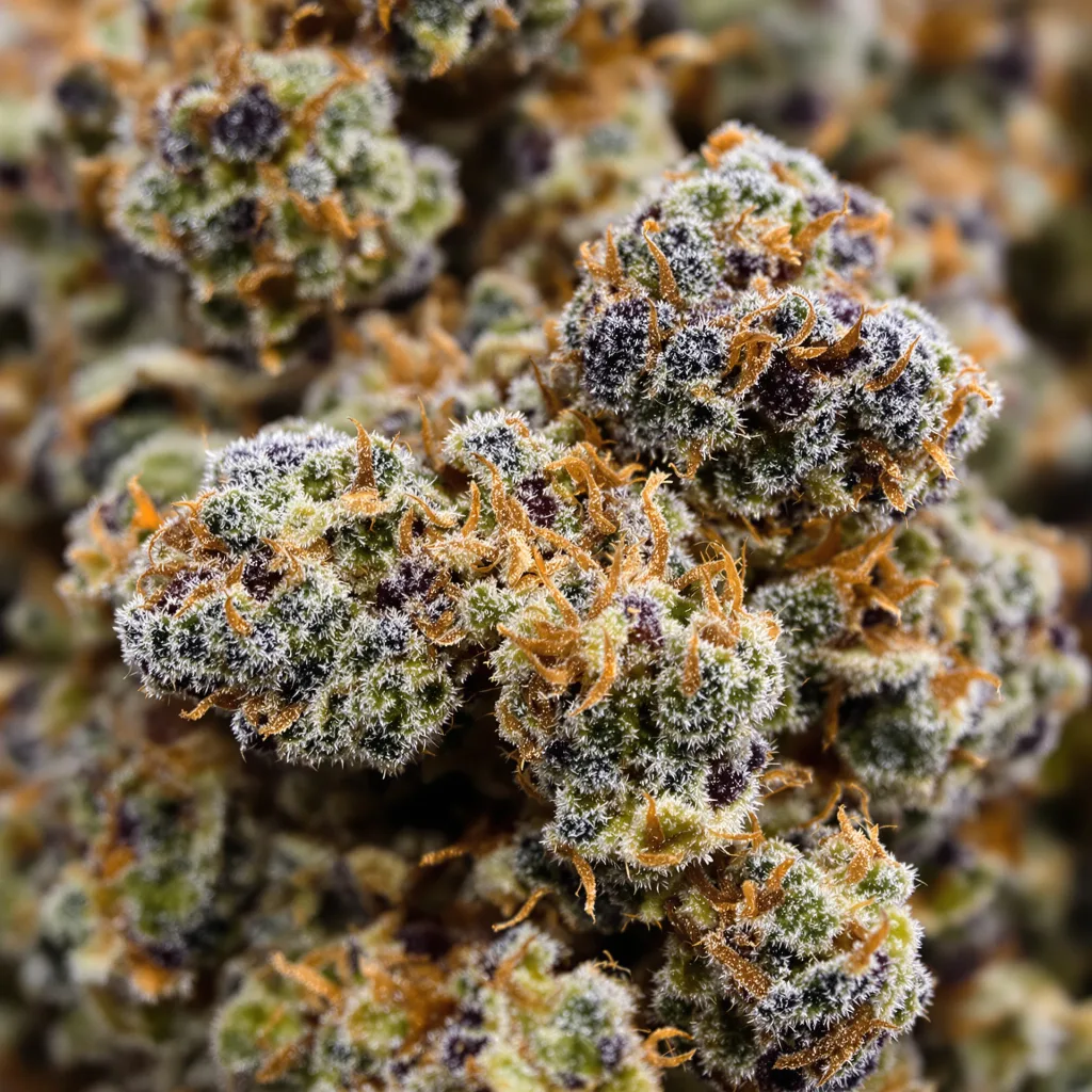 Gros plan de fleur de cannabis God’s Treat montrant calices denses aux reflets violets
