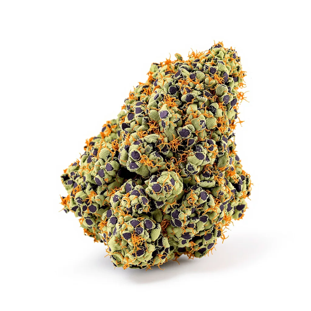 Godberry 74% indica / 26% sativa — fleur avec trichomes visibles
