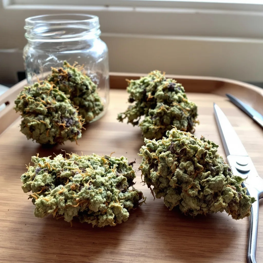 Godfather OG 60% indica / 40% sativa — fleur avec trichomes visibles