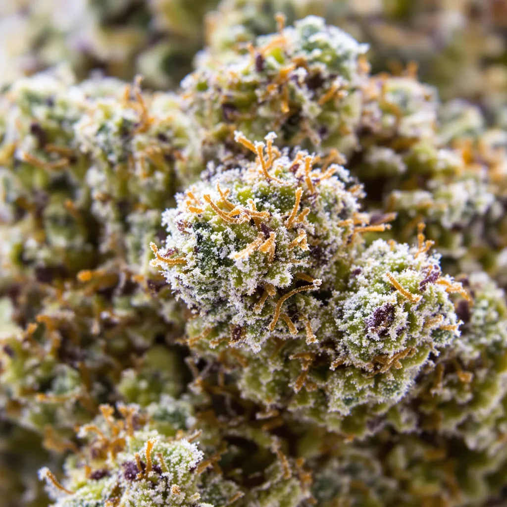 Gros plan de fleur de cannabis Godfather OG montrant nugs denses vert forêt