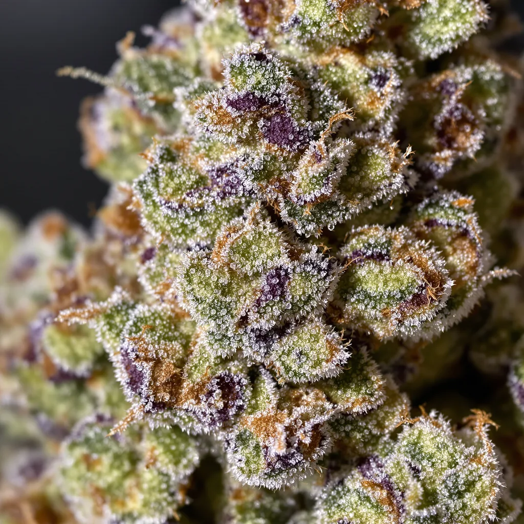 Gros plan de fleur de cannabis Godfather OG montrant nugs denses vert forêt