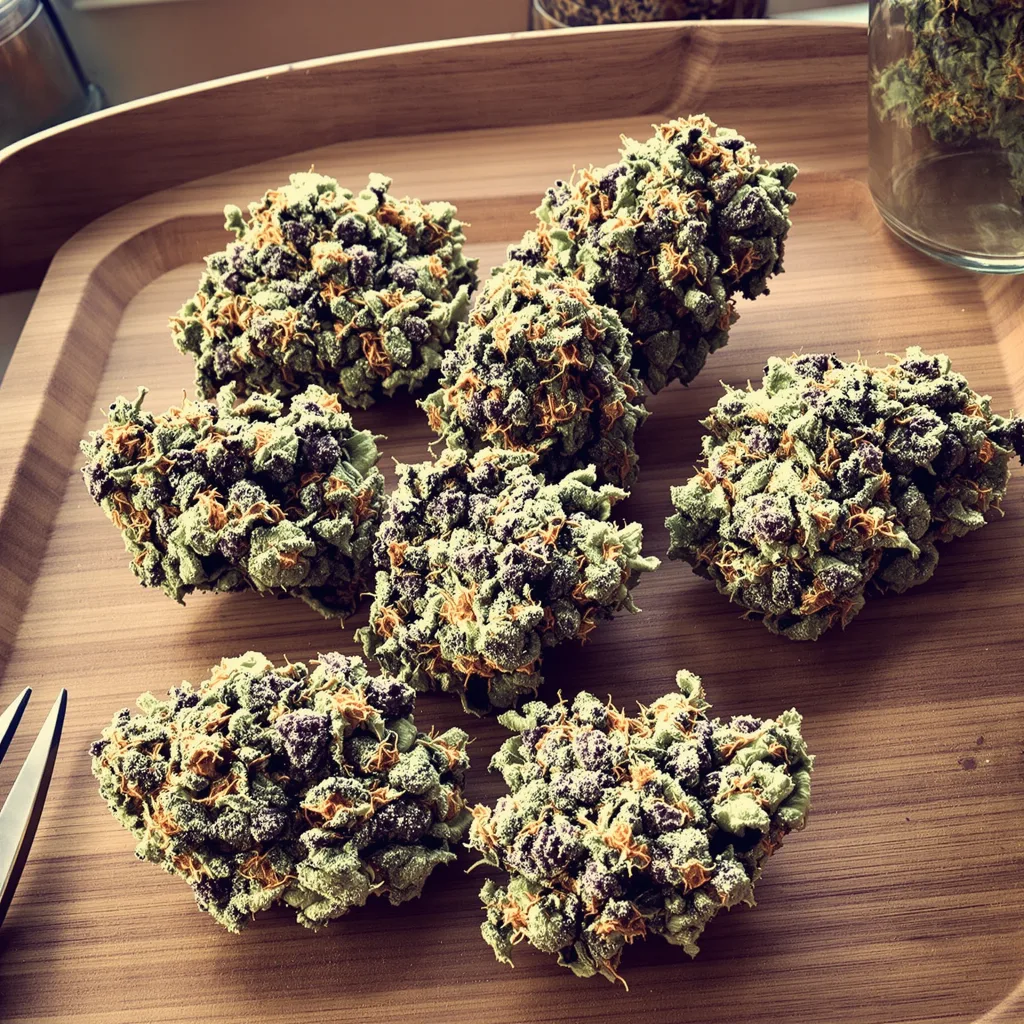 Godfather Purple Kush 53% indica / 47% sativa — fleur avec trichomes visibles