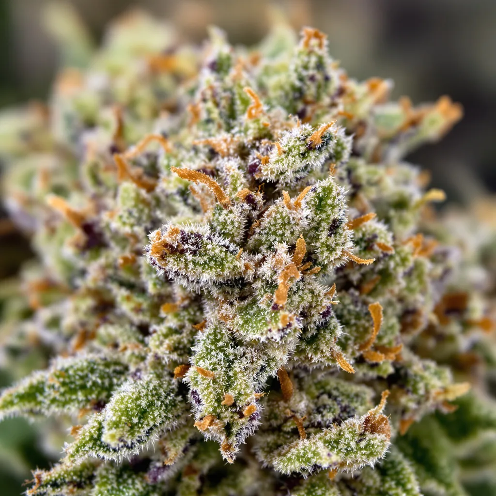 Gros plan de fleur de cannabis Godfather Purple Kush montrant structure équilibrée avec trichomes givrés