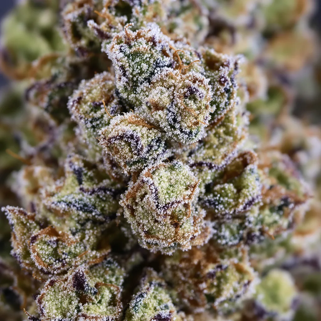 Gros plan de fleur de cannabis Godzilla Cookies montrant structure équilibrée avec trichomes givrés