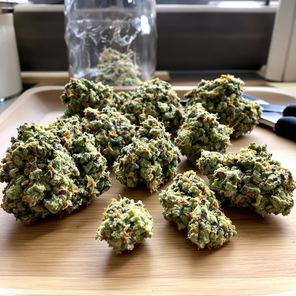 Godzilla Cookies 49% indica / 51% sativa — fleur avec trichomes visibles