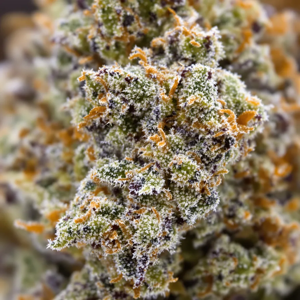 Gros plan de fleur de cannabis Godzilla Cookies montrant structure équilibrée avec trichomes givrés