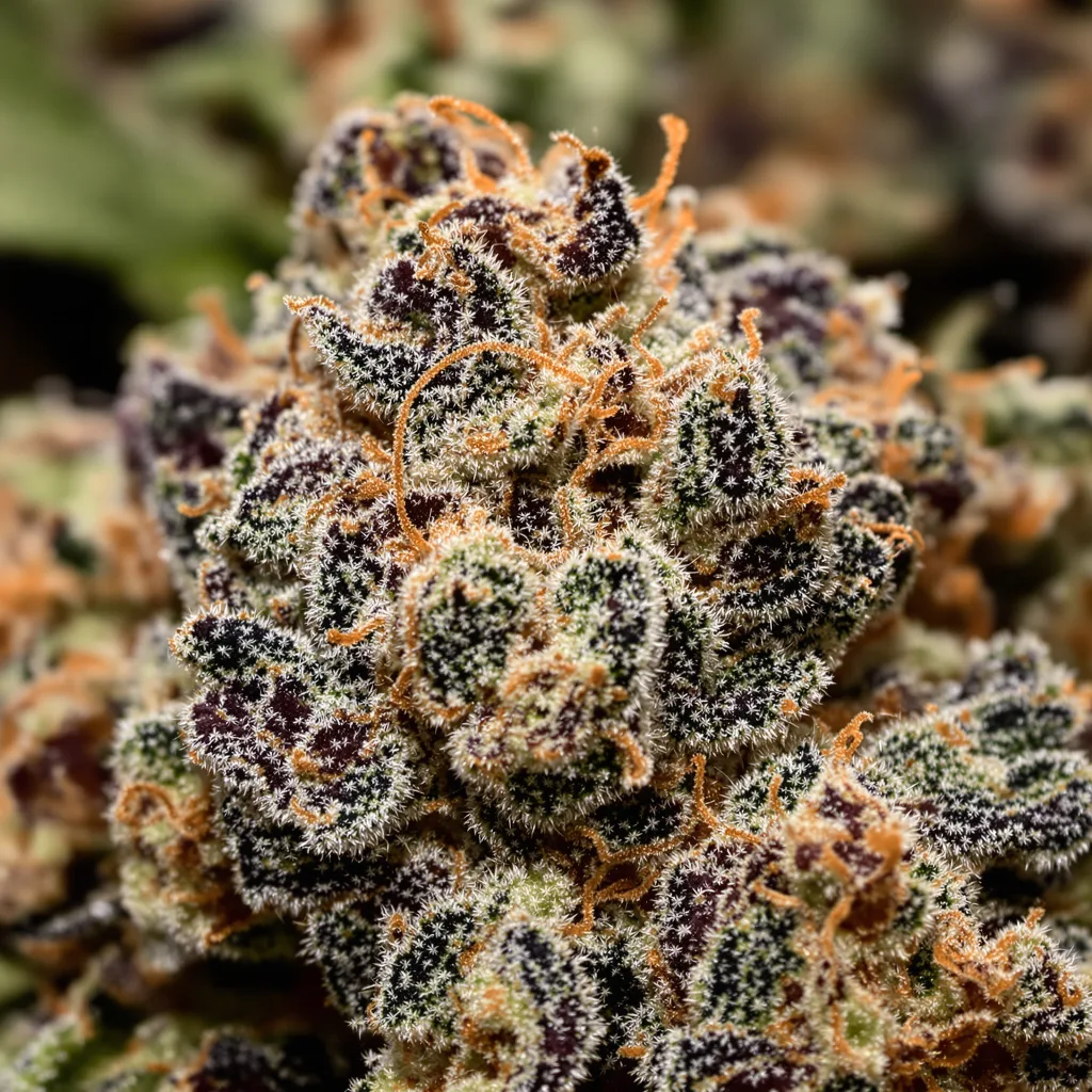 Gros plan de fleur de cannabis Godzilla montrant calices denses aux reflets violets