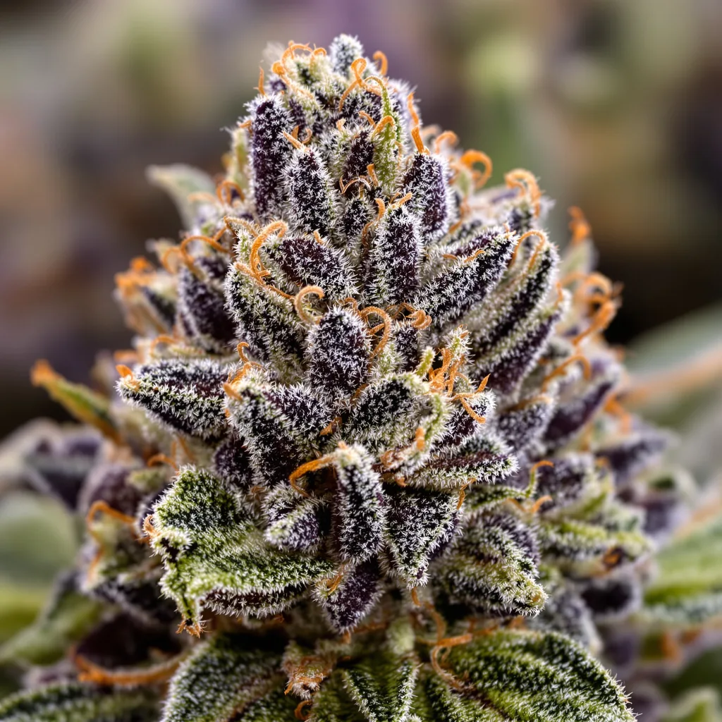 Gros plan de fleur de cannabis Godzilla Glue montrant calices denses aux reflets violets