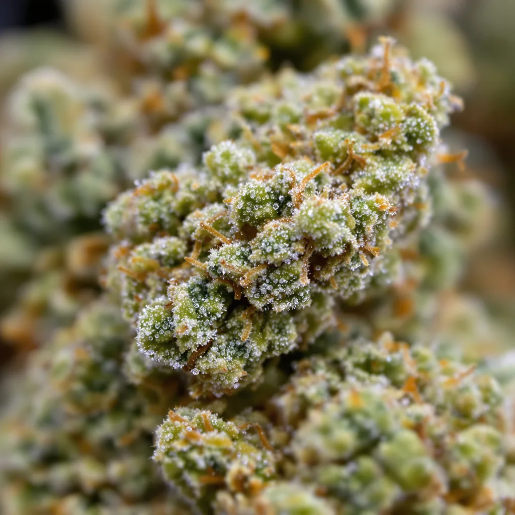 Gros plan de fleur de cannabis Goji OG montrant structure aérée vert lime
