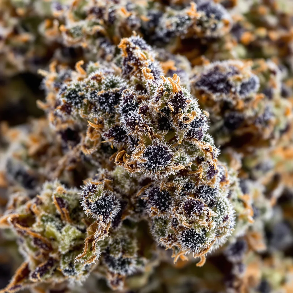Gros plan de fleur de cannabis Goji OG Haze montrant calices denses aux reflets violets