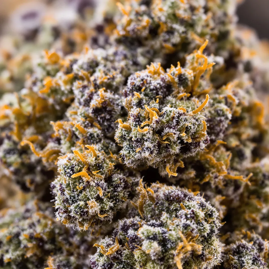 Gros plan de fleur de cannabis Gold Leaf montrant calices denses aux reflets violets