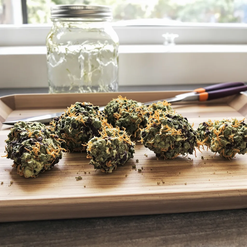 Goldberry 66% indica / 34% sativa — fleur avec trichomes visibles