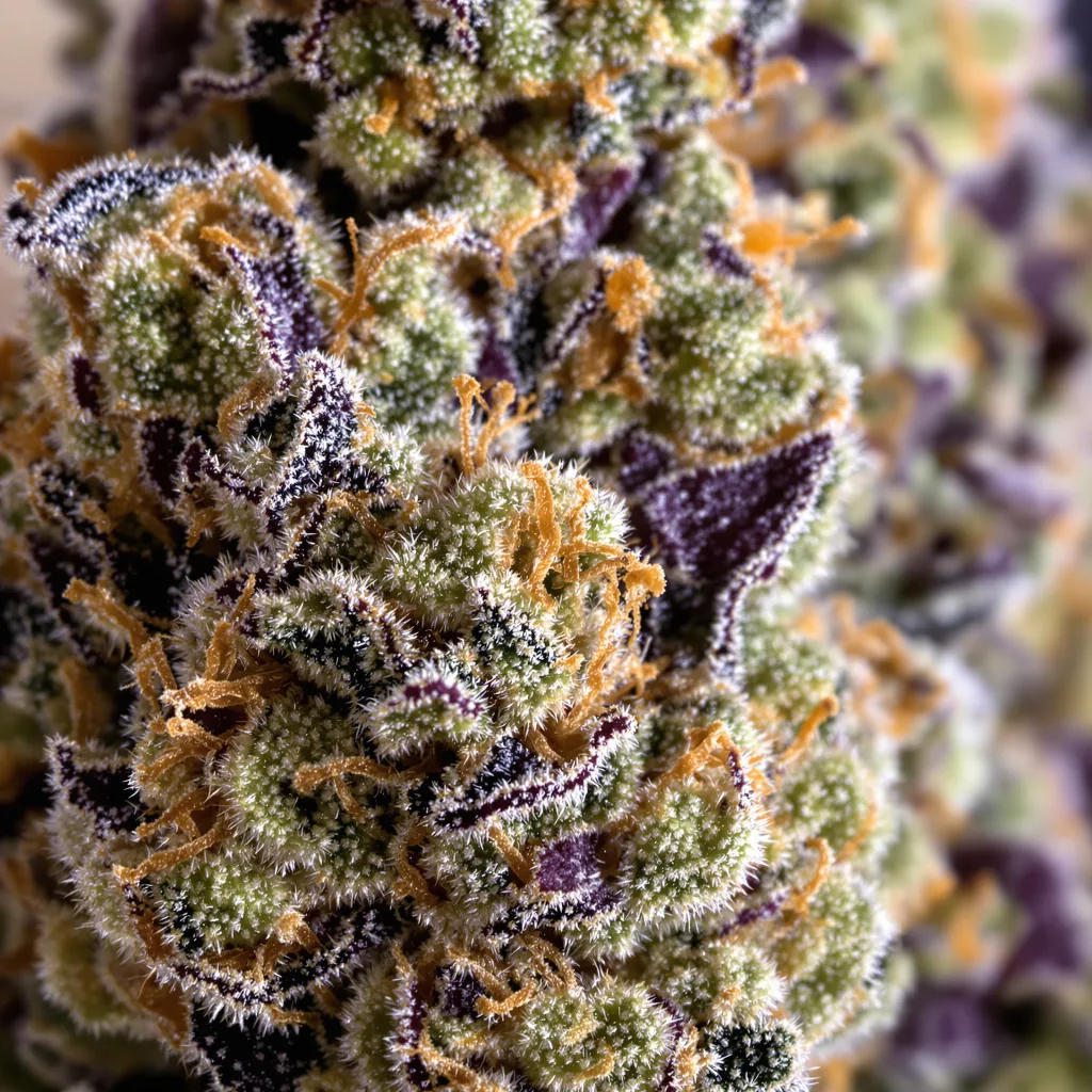 Gros plan de fleur de cannabis Goldberry montrant calices denses aux reflets violets